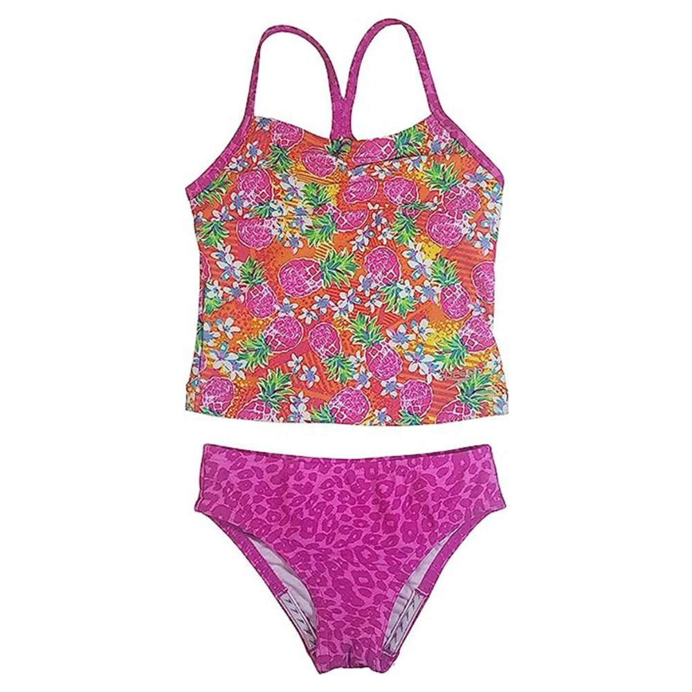 Speedo Girl's Sporty Splice Tankini 2 Piece Swimsuit, Pink Pineapple